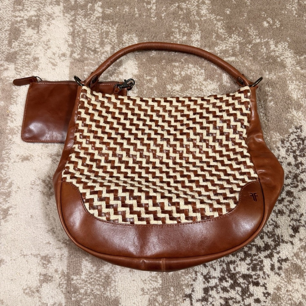 Frye Melissa Woven Leather Hobo Bag Purse Natural Cognac Brown Esparto Rope
